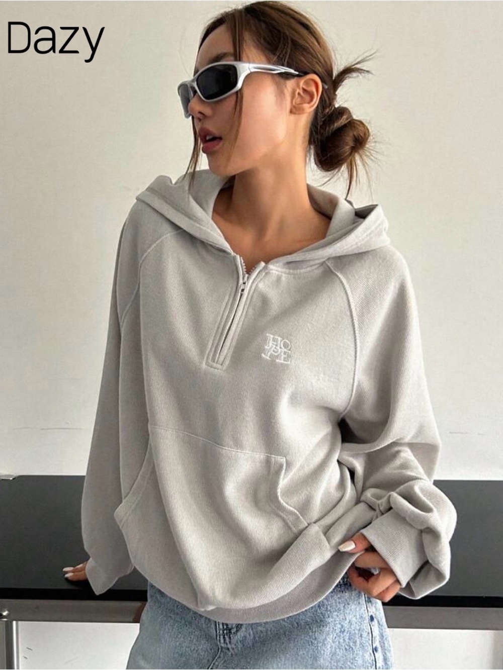 DAZY Hope Embroidered Raglan Half-zip Hoodie Sweatshirt